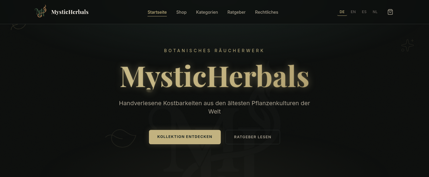 Startseite der MysticHerbals-Storefront in Desktopbreite mit Navigation, Sprachumschalter für Deutsch, Englisch, Spanisch und Niederländisch sowie dem Einstiegsbereich mit zwei Handlungsaufrufen.