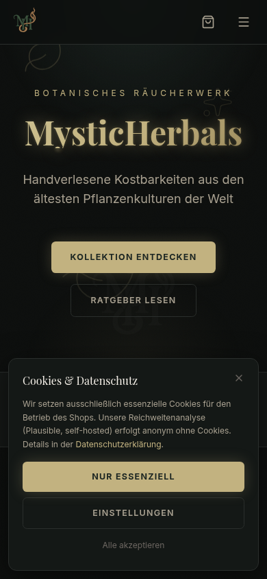 Startseite der MysticHerbals-Storefront in Mobilbreite mit kompakter Navigation und Warenkorb.